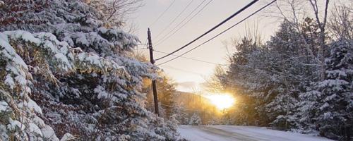 Snow-covered rural road in winter with sun shining, snow on trees, and power lines overhead