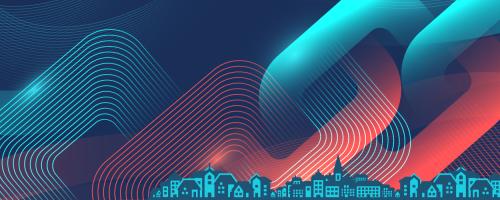 Array of pink and blue interweaving lines behind a graphic of buildings