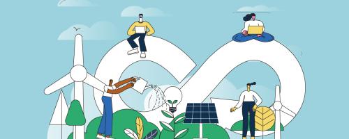people around an infinity sign and renewable energy resources