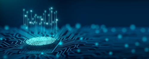 blue lights in the shape of binary code, a thumbprint and a circuit board