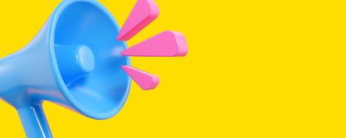 Graphic of a blue megaphone set against a bright yellow background