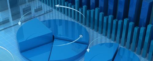 Abstract array of blue three-dimensional pie- and bar-graph visuals