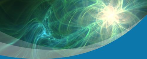 Abstract array of blue and green swirls against a dark background.