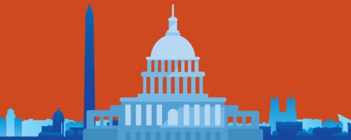 Illustration of Washington, DC landmarks against an orange background