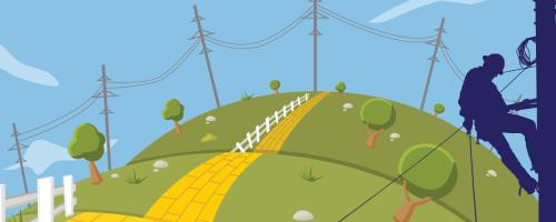 Lineworker over image of rolling hills