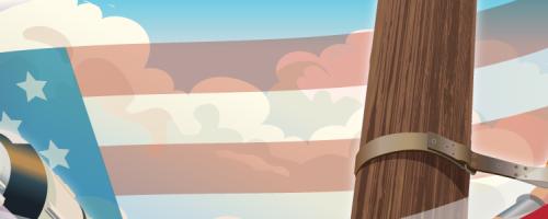 Graphic of a lineworker with a rocket and the american flag