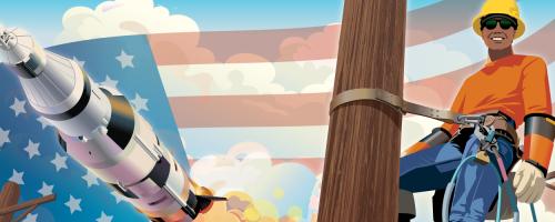 Graphic of a lineworker with a rocket and the american flag