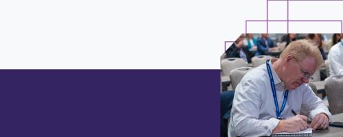 Purple-and-white banner with an image of a person taking notes