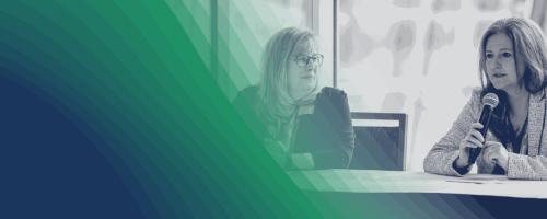 Black-and-white photo of two people talking with a green-hued curve graphic