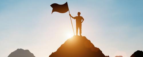 person standing on mountain with flag