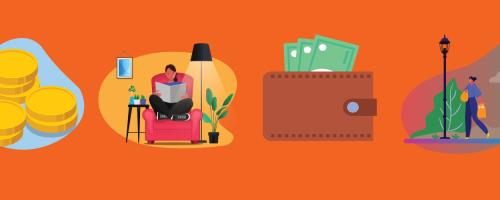 illustration of a stack of coins, a person sitting on a couch under a lamp, a wallet with dollar bills sticking out, and a person running through a park