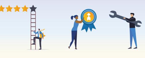 Illustration of a row of five stars, four are yellow and one is gray. A person holds the fifth yellow star at the bottom f a ladder. A person holds a blue ribbon and another person carries a large wrench