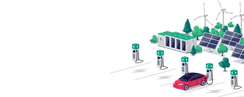 Graphic of a car at a bank of EV chargers