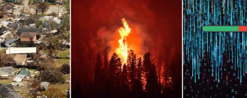 scenes of storm destruction, wildfire, and cyber risk