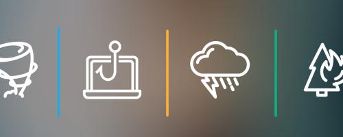 tornado, cyber phishing, storm, and wildfire icons