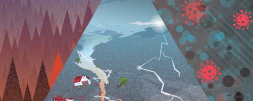 illustrated backgrounds representing wildfire, a tornado, and viruses