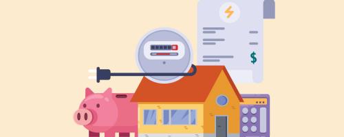 illustration of electric meter, house, and piggy bank