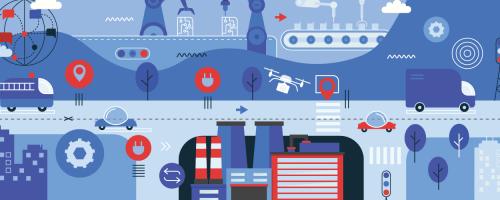 illustrated town with businesses and technology