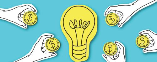 Cutout of light bulb and hands holding coins
