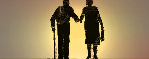 seniors walking and holding hands