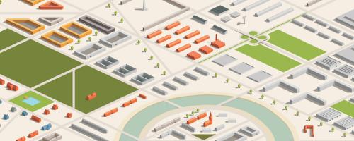 illustrated aerial view of town 