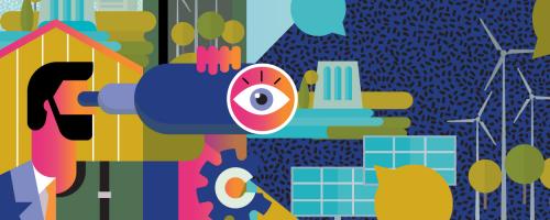 illustration of electric infrastructure and person looking through a telescope