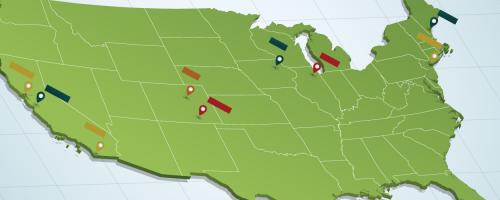 US map with several locations highlighted