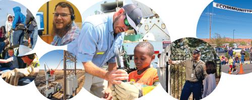 collage of utility workers with community members