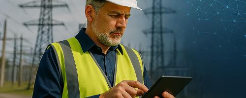 Public power resiliency specialist using a tablet for grid monitoring.