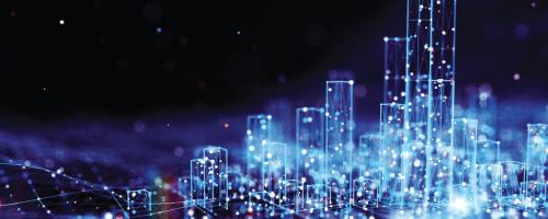 Representation of a city skyline that is interconnected by digital nodes