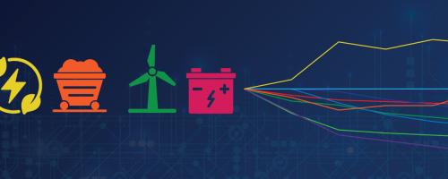 Electric generation symbols next to a graph of changing costs by generation source.
