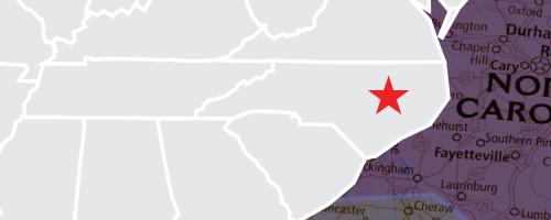 Section of the US southeast with a red star over the relative position of Clayton's location in North Carolina