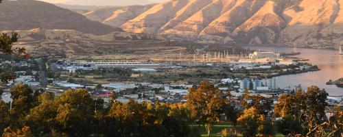 An aerial view of the Dalles, Oregon and the surrounding mountains. Photo courtesy Jeff Teel, Northern Wasco County PUD
