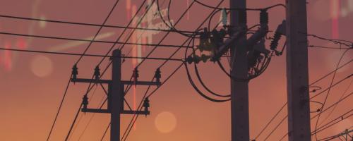 Power lines at dusk behind the transparent layover of an operations center control panel that is tracking power usage.