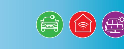 Series of icons representing electric vehicles, smart homes, and solar panels on a blue-white gradient background
