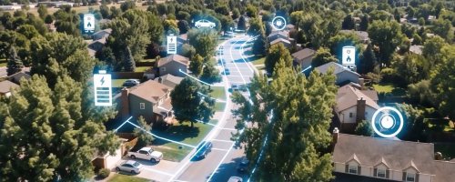 Rendering of the city of Longmont, Colorado, showing a network of assets such as smart devices and battery storage
