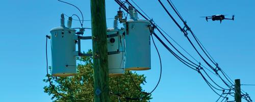 A drone surveys power lines within the Coldwater Board of Public Utilities service area for inspection and maintenance