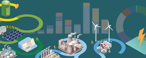 a changing color line making a path through various types of electric generating facilities