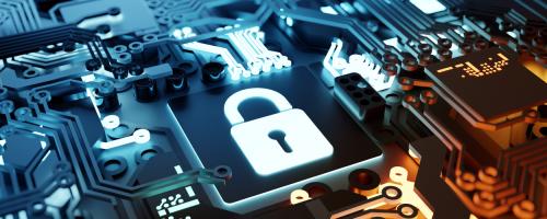 Image of a padlock within a circuit board representing cybersecurity